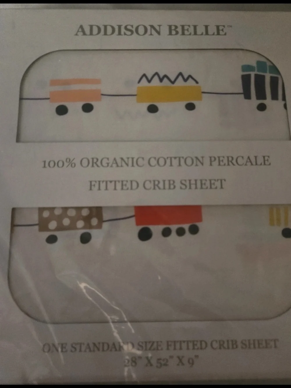 Addison Belle Organic Cotton Percale Fitted Crib Sheet - Multicolor Train Print